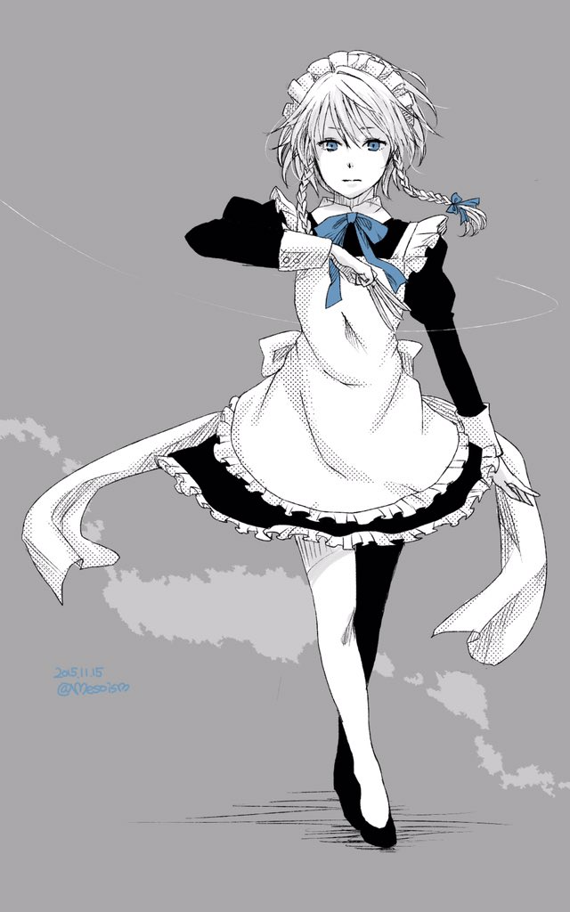 1girl, blue_eyes, braid, dated, izayoi_sakuya, knife, maid, maid_headdress, meso, short_hair, silver_hair, solo, touhou, twin_braids, twitter_username