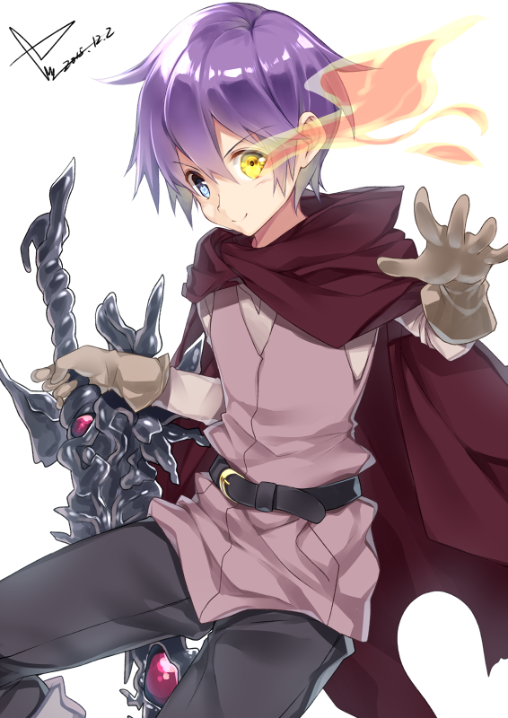 cape, glowing, glowing_eye, heterochromia, luka_(mon-musu_quest!), mon-musu_quest!, purple_hair, solo