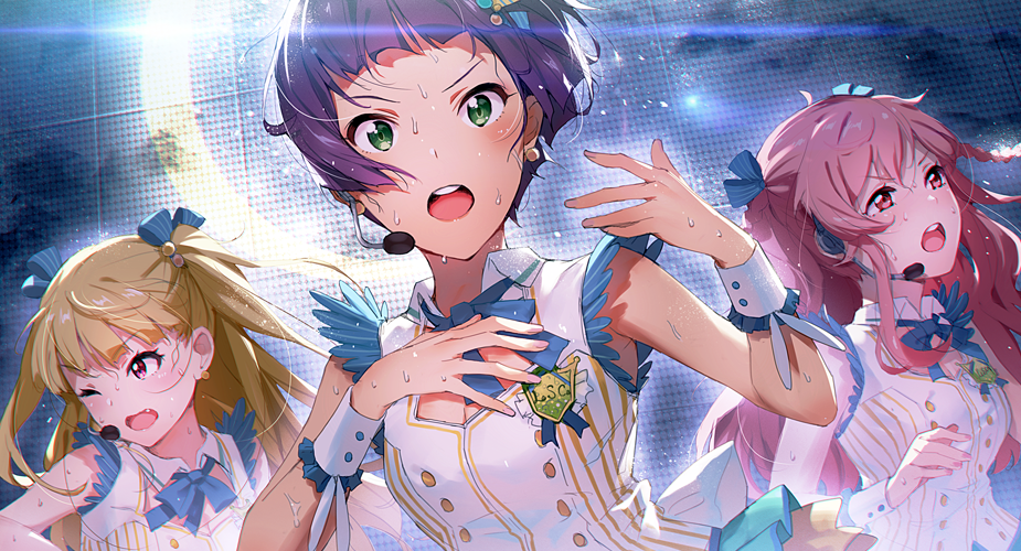 3girls, araki_rena, badge, blonde_hair, bowtie, braid, earrings, ekao