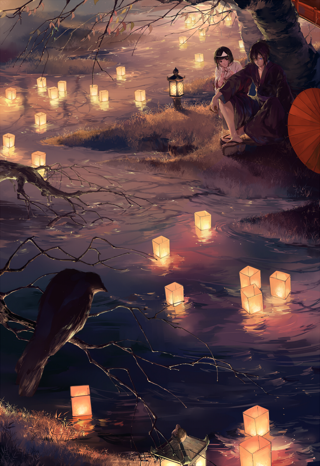1boy, 1girl, bird, black_eyes, black_hair, black_kimono, blue_eyes, branch