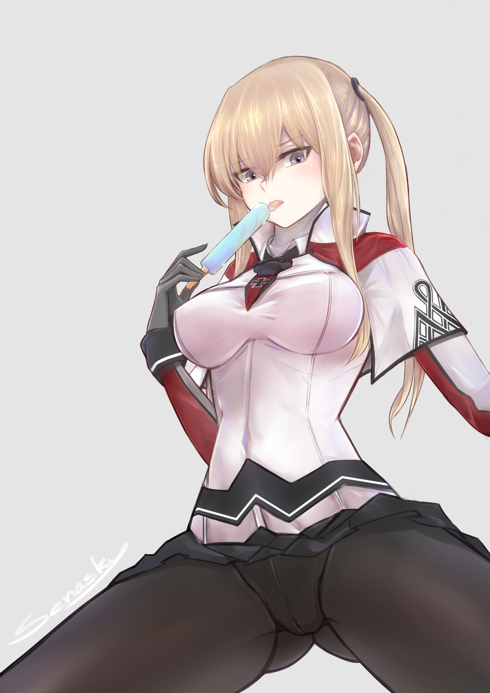 1girl, black_legwear, blonde_hair, breasts, capelet, celtic_knot, cross, crotch_seam