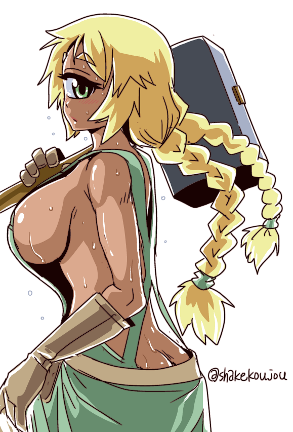 1girl, blonde_hair, braid, breasts, butt_crack, cowboy_shot, cyclops, cyclops_(monster_musume), dark_skin, gloves, green_eyes, hammer, large_breasts, long_hair, monster_musume_no_iru_nichijou, naked_overalls, one-eyed, overalls, shake-o, sideboob, simple_background, solo, sweat, twin_braids, twitter_username, white_background