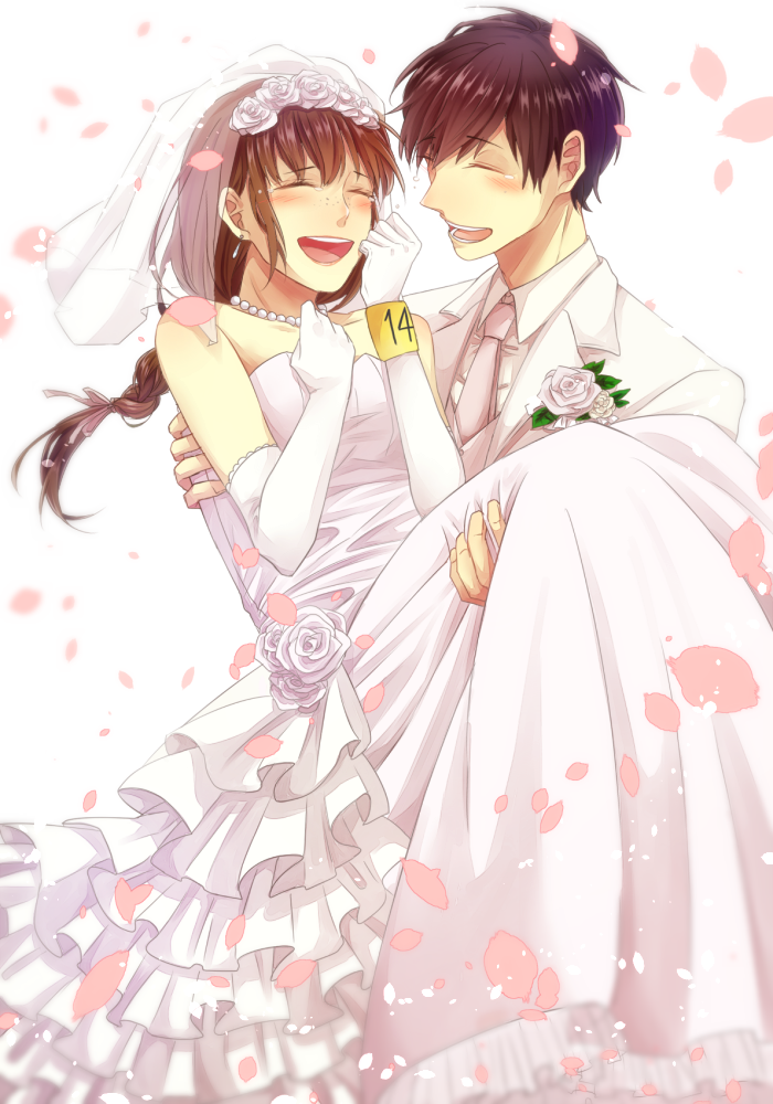 1boy, 1girl, bare_shoulders, black_hair, blush, braid, bridal_veil, brown_hair, carrying, closed_eyes, couple, dress, elbow_gloves, freckles, gloves, good_end, hetero, hukahire0313, jyushimatsu, jyushimatsu's_girlfriend, long_hair, osomatsu-kun, osomatsu-san, petals, princess_carry, short_hair, smile, tears, veil, wedding_dress, wristband