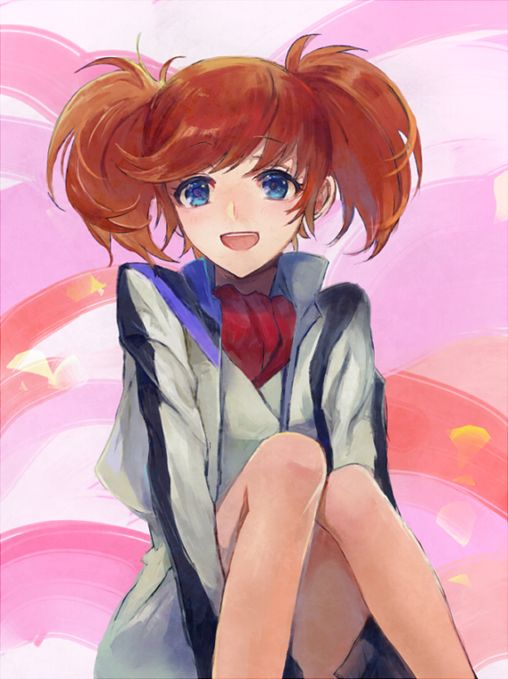 1girl, :d, blue_eyes, jacket, karimero_(calimer0), mikagami_mimika, open_mouth, pink_background