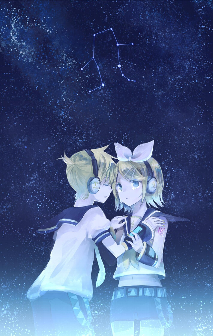 amamizu_(pixiv), blonde_hair, blue_eyes, constellation, gemini_(vocaloid), hair_ornament, hair_ribbon, hairclip