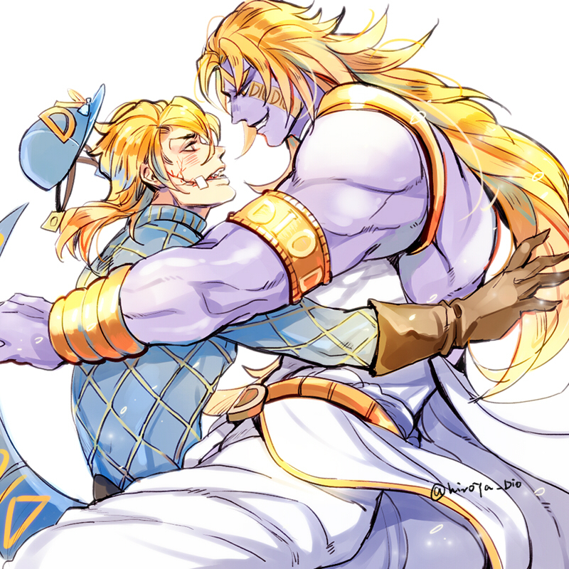 2boys, blonde_hair, catsizuru, diego_brando, dio_brando, facial_mark, gloves, hat