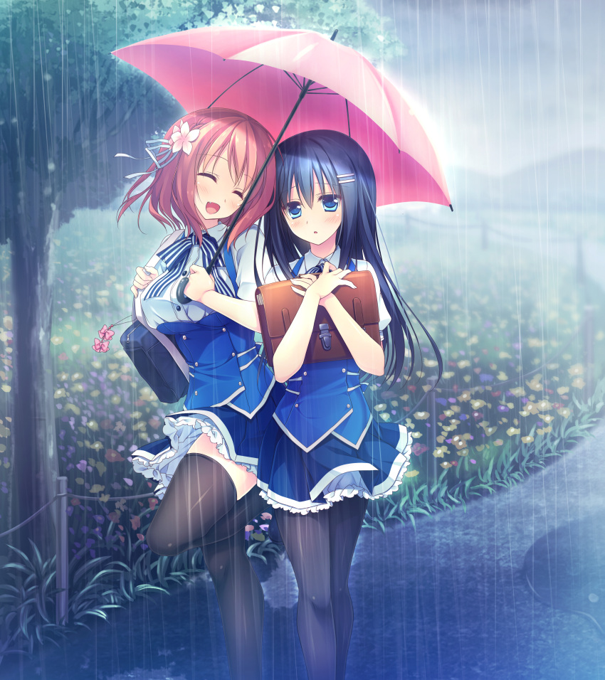2girls, absurdres, black_hair, blue_eyes, brown_hair, flower, hair_flower, hair_ornament, highres, holding_bag, holding_umbrella, hoshina_nagisa, huge_filesize, imageboard_sample, jpeg_artifacts, kimi_no_tonari_de_koishiteru!, komatsu_rina, long_hair, motomiya_mitsuki, multiple_girls, pantyhose, pink_eyes, rain, school_uniform, thigh-highs, tree, zettai_ryouiki