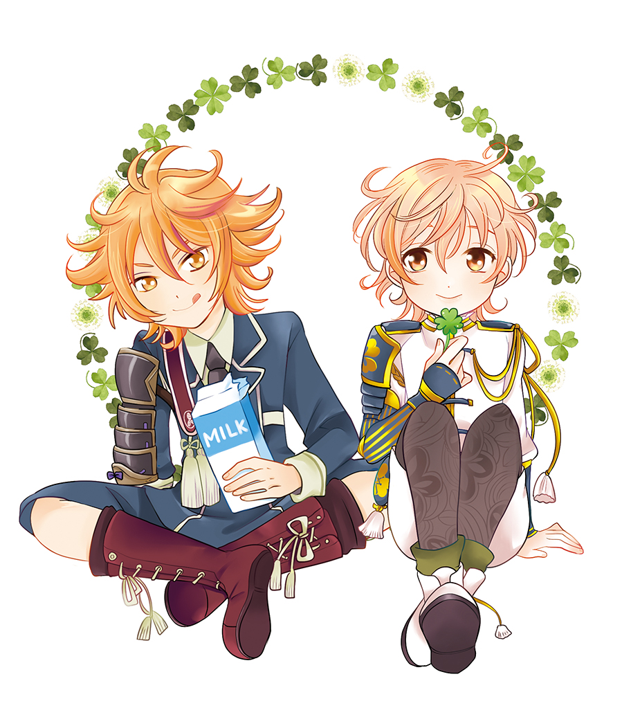 2boys, :q, armor, blonde_hair, boots, clover, cross-laced_footwear, four-leaf_clover