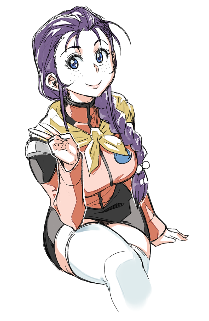 1girl, arm_support, braid, capelet, cropped_legs, freckles, hair_bobbles, hair_ornament