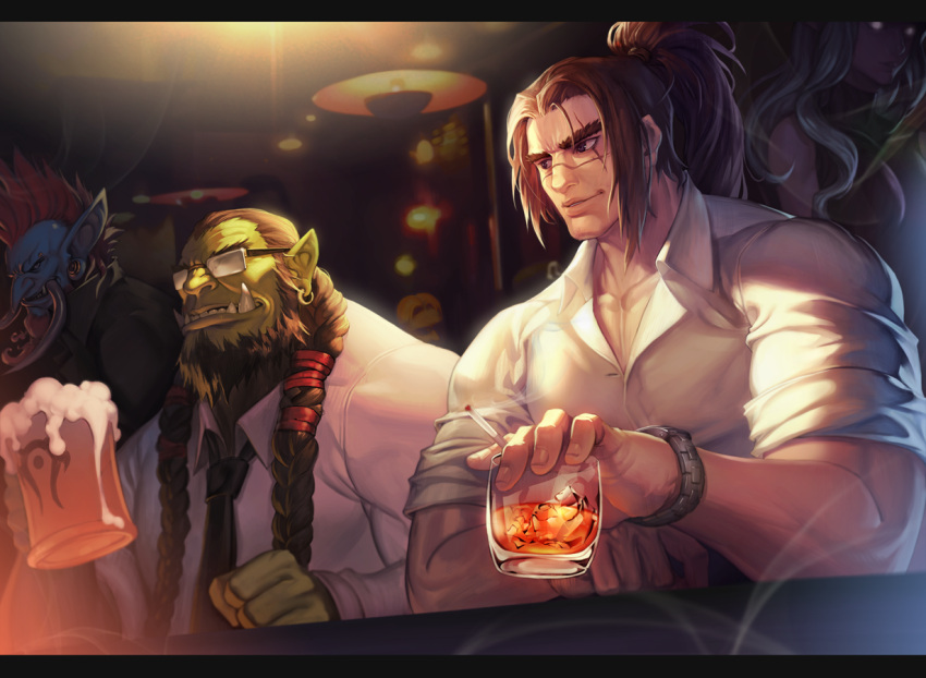 1girl, 3boys, alcohol, beard, beer, beer_mug, blue_eyes, blue_skin
