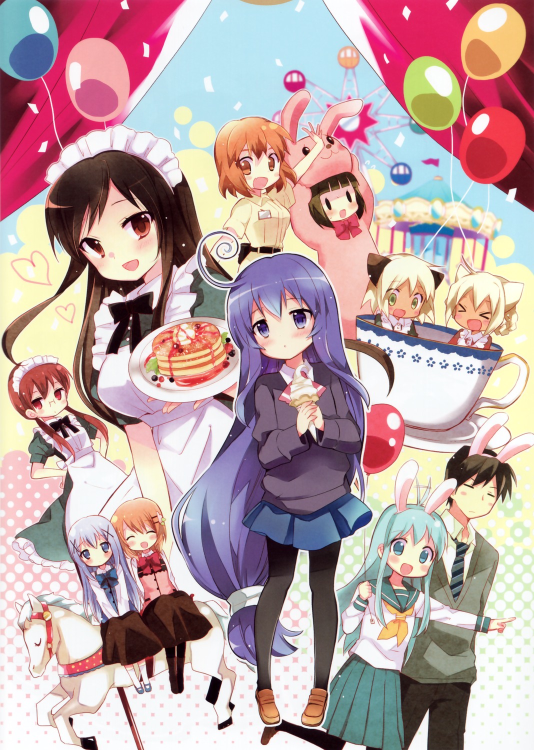 >_<, 1boy, 6+girls, a_channel, acchi_kocchi, balloon, character_request, closed_eyes, gochuumon_wa_usagi_desu_ka?, hara_yui, highres, hitsugi_katsugi_no_kuro., hoto_cocoa, inokuma_youko, kafuu_chino, kin-iro_mosaic, maid, manga_time_kirara, miniwa_tsumiki, mokomoko_box, multiple_girls, nishi_yuuko, nishino_yukio, oomiya_shinobu, purple_hair, rabbit, school_uniform, tennouji_nagisa