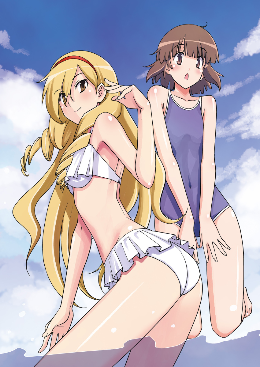 2boys, absurdres, ass, bikini, blonde_hair, brown_eyes, brown_hair, competition_school_swimsuit