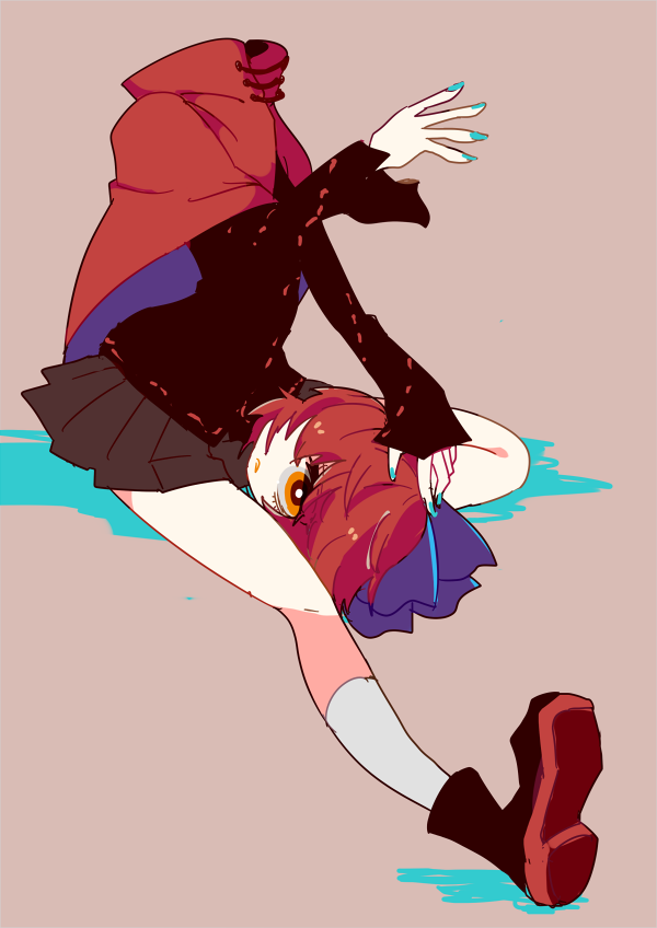 1girl, blouse, blue_nails, capelet, disembodied_head, hair_over_one_eye, hair_ribbon, holding_head