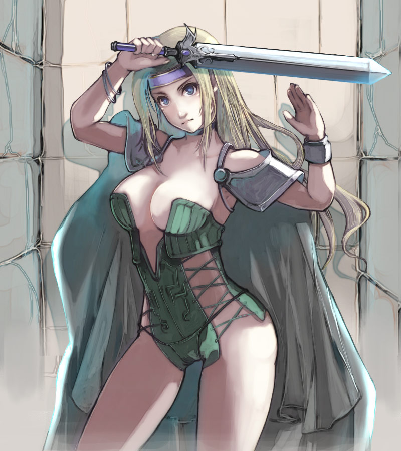 blue_eyes, bracelet, breasts, cape, celes_chere, center_opening, final_fantasy, final_fantasy_vi, headband, jewelry, large_breasts, long_hair, miso_katsu, solo, sword, weapon