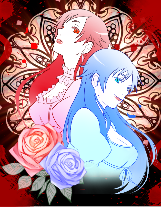 2girls, black_hair, blood+, blue_eyes, breasts, cleavage, color_connection, diva