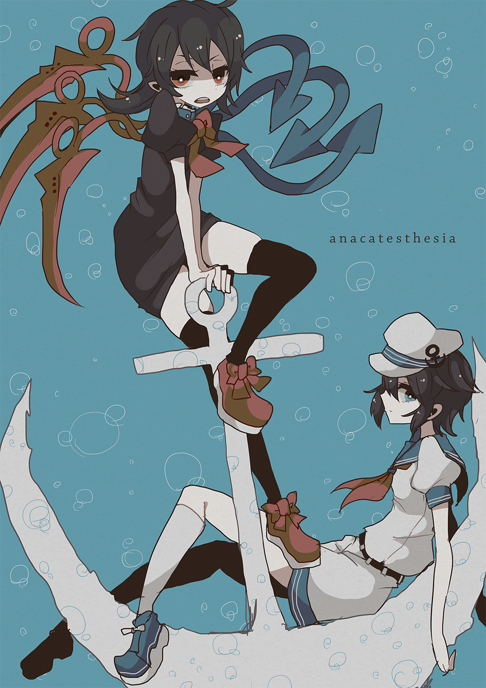 2girls, anchor, asymmetrical_wings, belt, black_hair, black_legwear, blouse, blue_eyes