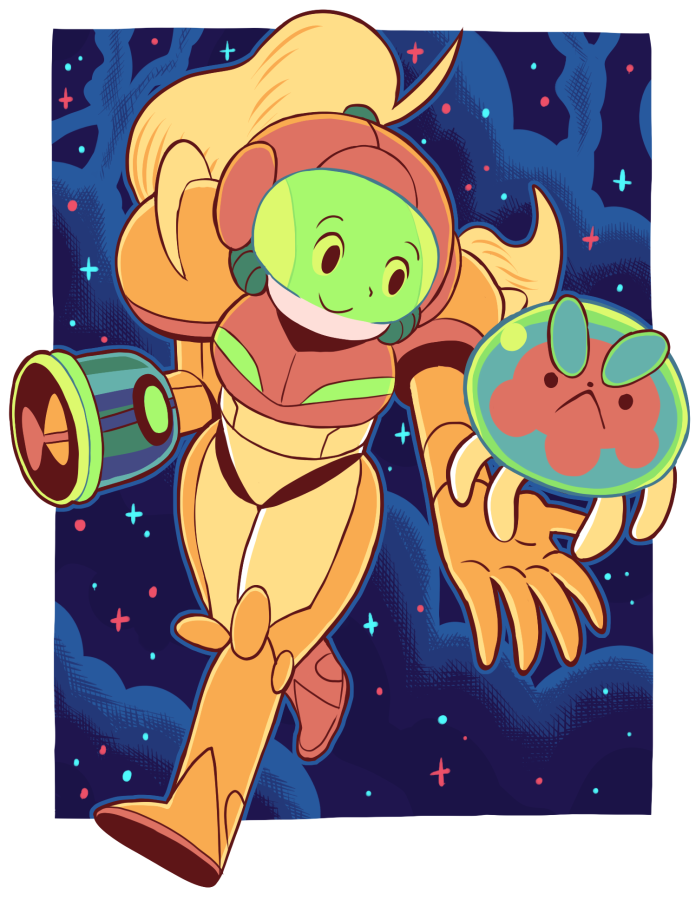 1girl, :<, alien, arm_cannon, bee_(bee_and_puppycat), bee_and_puppycat, blonde_hair, eyebrows, full_body, fusion, gashi-gashi, long_hair, metroid, metroid_(creature), parody, ponytail, power_armor, puppycat, samus_aran, samus_aran_(cosplay), smile, style_parody, thick_eyebrows, varia_suit, weapon