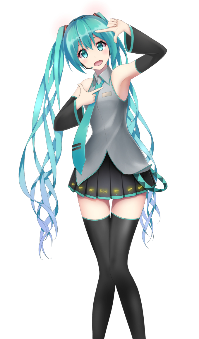 1girl, :d, aqua_eyes, aqua_hair, aqua_necktie, arm_up, armpits, black_legwear