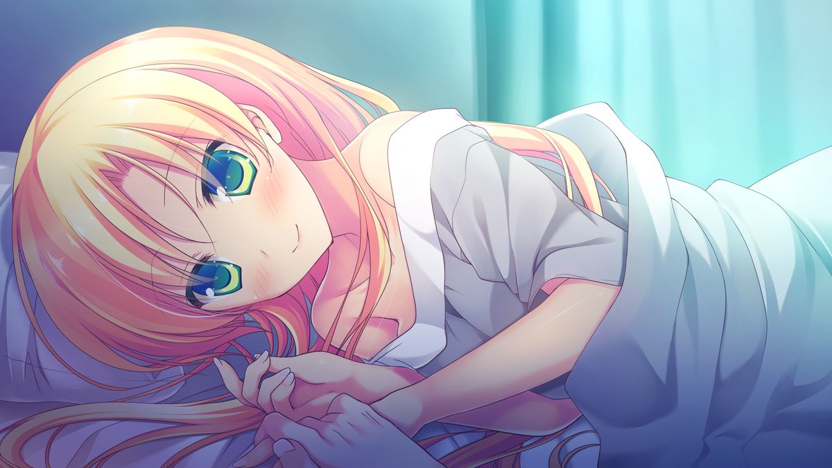 1girl, bed, blonde_hair, chibana_ryoka, game_cg, green_eyes, indoors, kimi_no_tonari_de_koishiteru!