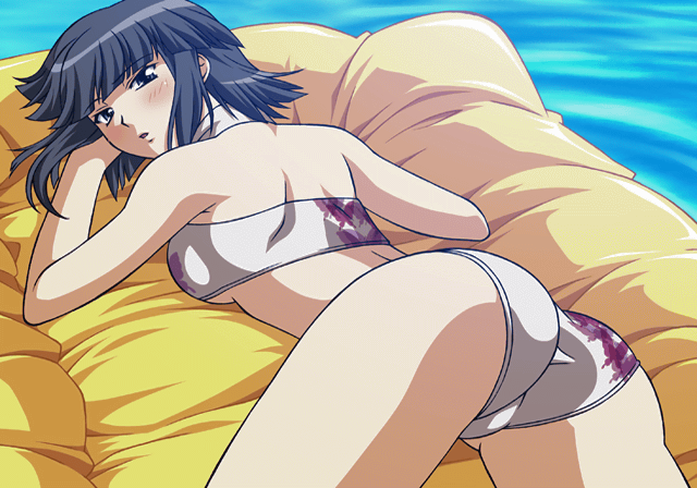 bikini, black_eyes, black_hair, blush, breasts, inflatable_raft, looking_back, lying