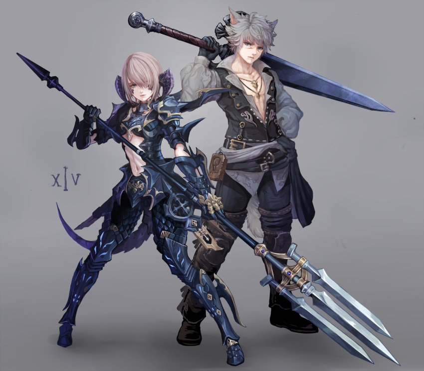 1boy, 1girl, animal_ears, armor, au_ra, bag, bangs, belt, black_gloves, blue_eyes, boots, cat_ears, closed_mouth, contrapposto, copyright_name, cross, dark_knight_(final_fantasy), dragon_girl, dragon_horns, dragon_tail, dragoon_(final_fantasy), facial_mark, final_fantasy, final_fantasy_xiv, full_body, gauntlets, gloves, grey_background, grey_hair, grey_shirt, hair_over_one_eye, hand_in_pocket, highres, holding_sword, holding_weapon, horns, jewelry, legs_apart, long_sleeves, looking_at_viewer, miqo'te, navel, necklace, over_shoulder, pants, polearm, revision, scales, senano-yu, shirt, short_hair, silver_hair, standing, sword, sword_over_shoulder, tail, trident, vest, weapon, weapon_over_shoulder