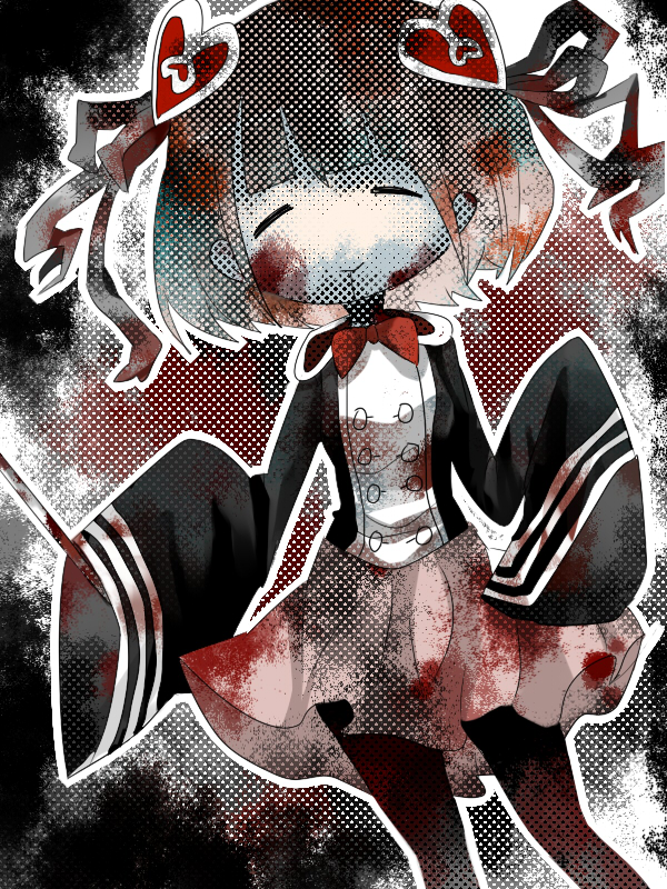 1girl, =_=, blood, bloody_clothes, bloody_hair, bob_cut, bowtie, cowboy_shot