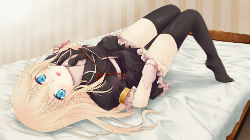 1boy, armor, bangs, bed, black_legwear, black_necktie, blonde_hair, blue_eyes, collared_shirt, crossdressinging, double-breasted, dress, frilled_sleeves, frills, full_body, hair_between_eyes, highres, knees_together_feet_apart, lipstick, looking_at_viewer, lying, makeup, male_focus, midare_toushirou, military, military_uniform, nico_(nicool), no_shoes, on_back, on_bed, otoko_no_ko, parted_lips, puffy_short_sleeves, puffy_sleeves, rope, shirt, short_sleeves, solo, striped, striped_background, thigh-highs, thigh_gap, touken_ranbu, uniform