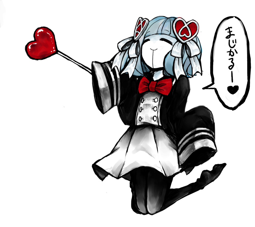 1girl, =_=, blue_hair, bob_cut, bowtie, hair_ornament, hair_ribbon, heart