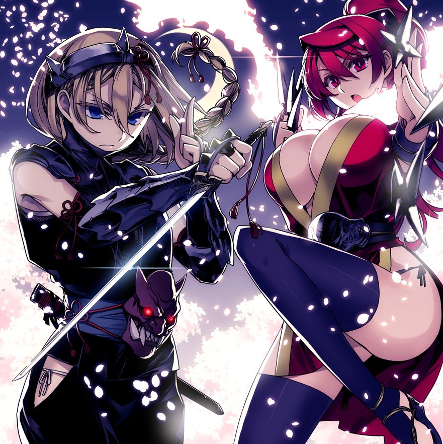 2girls, alternate_hairstyle, belt, between_fingers, blonde_hair, blue_eyes, braid, brass_knuckles