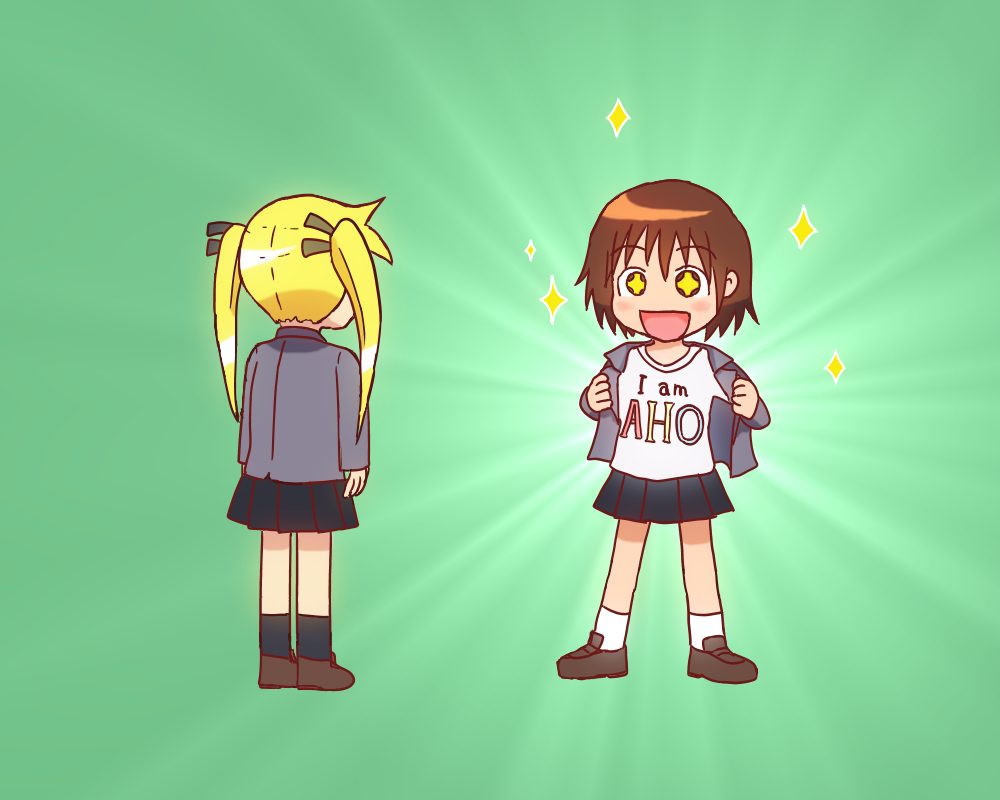 2girls, blonde_hair, brown_hair, commentary_request, english, kill_me_baby, long_hair, meyuruge, multiple_girls, oribe_yasuna, romaji, school_uniform, short_hair, sonya_(kill_me_baby), twintails, yuru_yuri