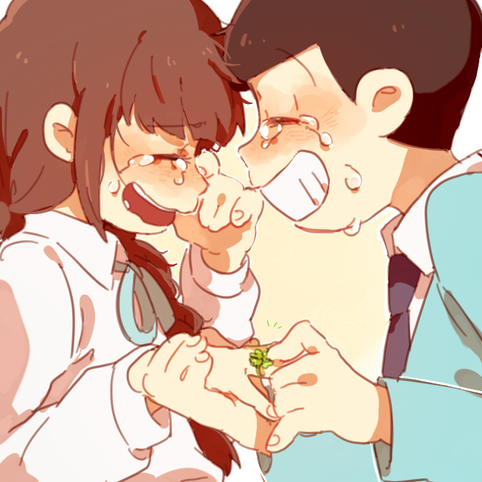 1boy, 1girl, brown_hair, clover, commentary, couple, four-leaf_clover, good_end