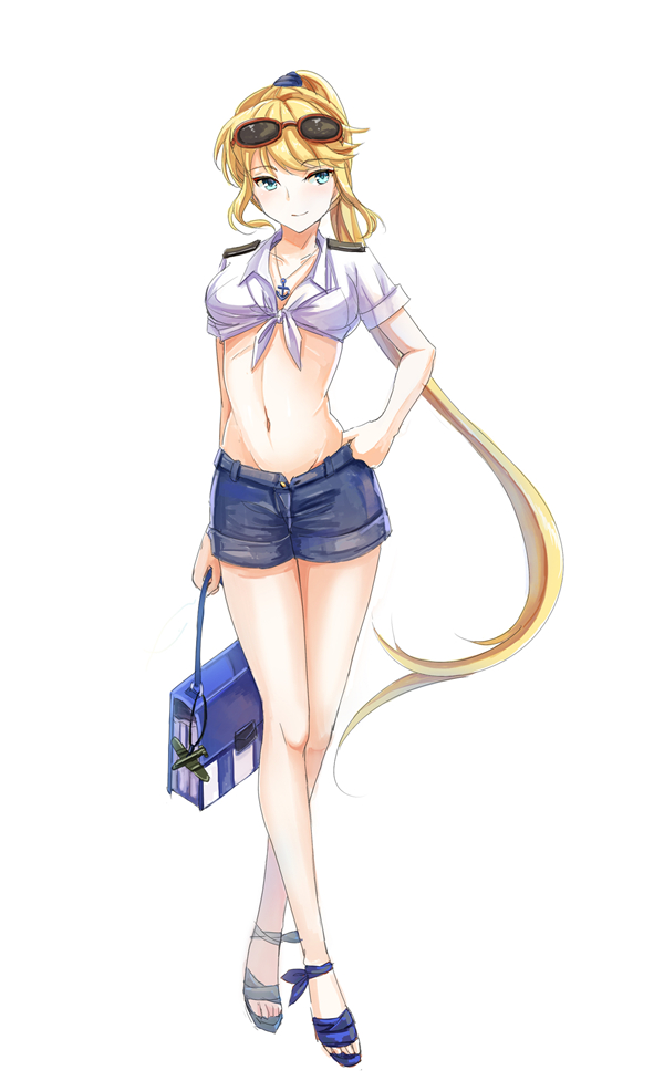 1girl, anchor, blonde_hair, denim, denim_shorts, front-tie_top, groin, hand_on_hip, hat, hornet_(zhan_jian_shao_nyu), jewelry, long_hair, looking_at_viewer, midriff, navel, pendant, ponytail, shirt, shorts, sketch, smile, solo, straw_hat, stuffed_animal, stuffed_toy, sunglasses, sunglasses_on_head, tied_shirt, very_long_hair, yuemanhuaikong, zhan_jian_shao_nyu