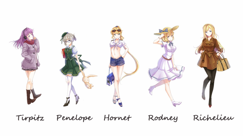 4girls, bangs, blonde_hair, blunt_bangs, breasts, character_request, coat, denim