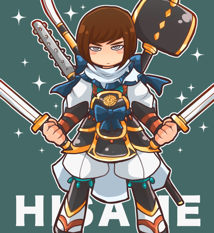 1boy, armor, blue_background, brown_hair, fire_emblem, fire_emblem_if, grey_eyes, hammer, hisame_(fire_emblem_if), koruri456, naginata, polearm, simple_background, solo, sparkle, sword, weapon