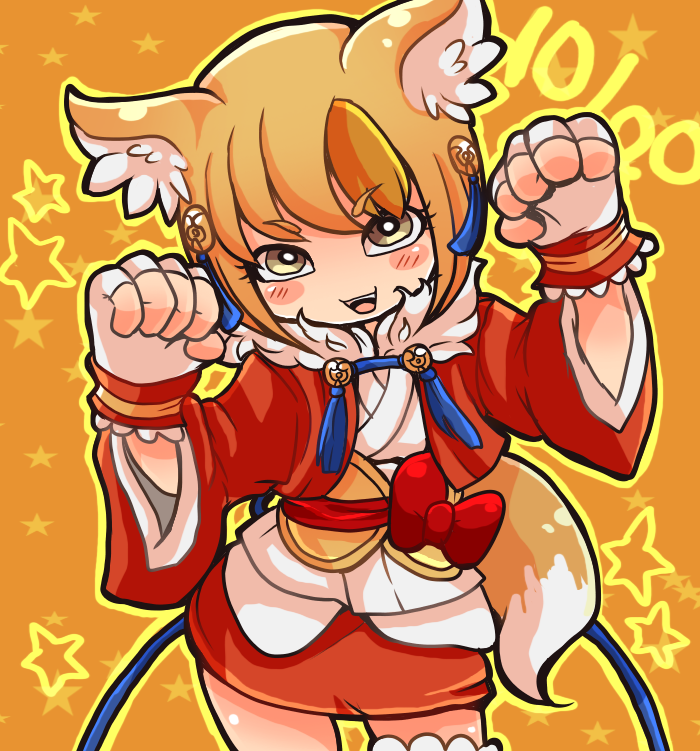1girl, animal_ears, blonde_hair, blush, brown_eyes, fire_emblem, fire_emblem_if, fox_ears, fox_tail, gloves, kinu_(fire_emblem_if), koruri456, multicolored_hair, open_mouth, orange_background, orange_hair, solo, star, tail, two-tone_hair