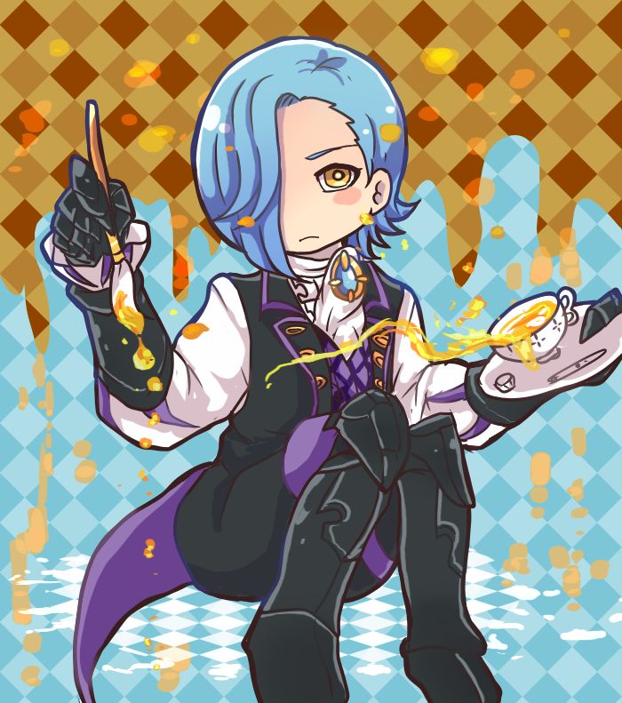 1boy, blue_hair, boots, butler, cup, fire_emblem, fire_emblem_if, gloves, hair_over_one_eye, koruri456, shigure_(fire_emblem_if), sitting, solo, teacup, yellow_eyes
