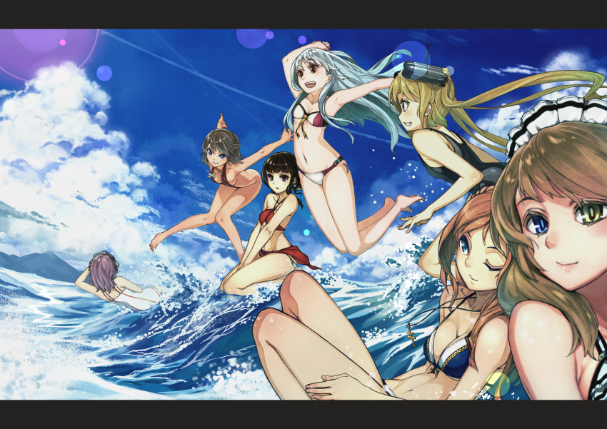 6+girls, absurdres, bikini, blonde_hair, character_request, clouds, condensation_trail, cu_(fsy84738368)