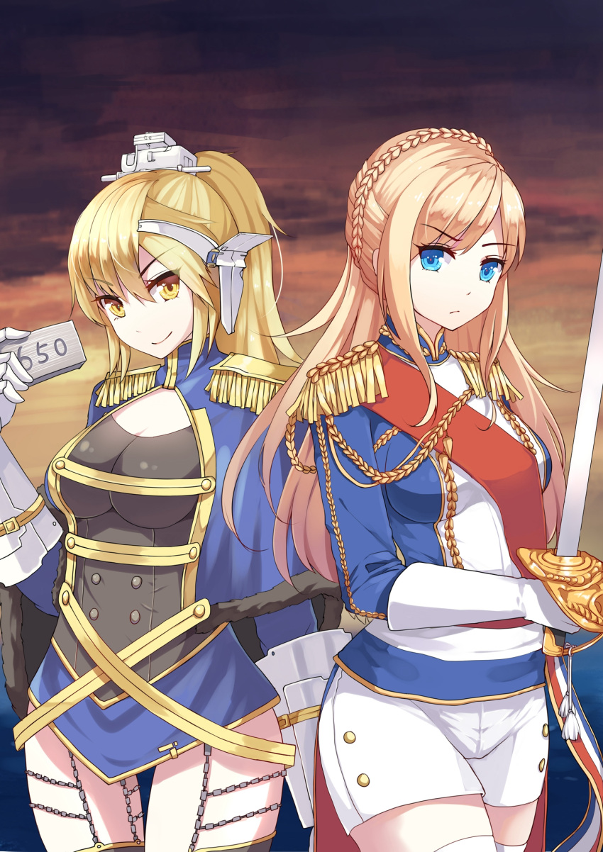 2girls, blonde_hair, blue_eyes, breasts, epaulettes, gloves, highres, large_breasts