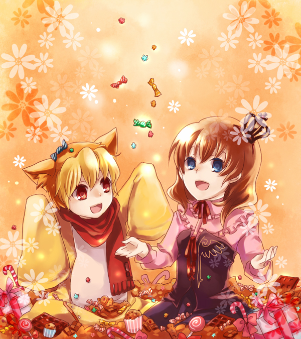 blonde_hair, candy, crown, kuriko_(scarlet_sky), long_sleeves, sakutarou, scarf, scarlet_sky