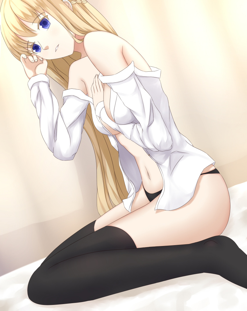 1girl, absurdres, bed, between_breasts, black_legwear, black_panties, blonde_hair, blue_eyes