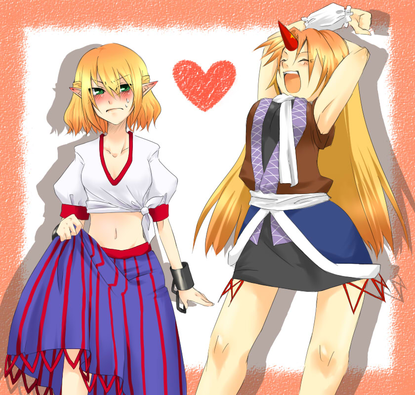 angry, armpits, arms_up, bad_id, blonde_hair, blush, breasts, cosplay, costume_switch, cuffs, embarrassed, horn, hoshiguma_yuugi, hoshiguma_yuugi_(cosplay), large_breasts, long_skirt, manacles, midriff, mizuhashi_parsee, mizuhashi_parsee_(cosplay), multiple_girls, pointy_ears, sherad, skirt, skirt_lift, stretch, tied_shirt, touhou