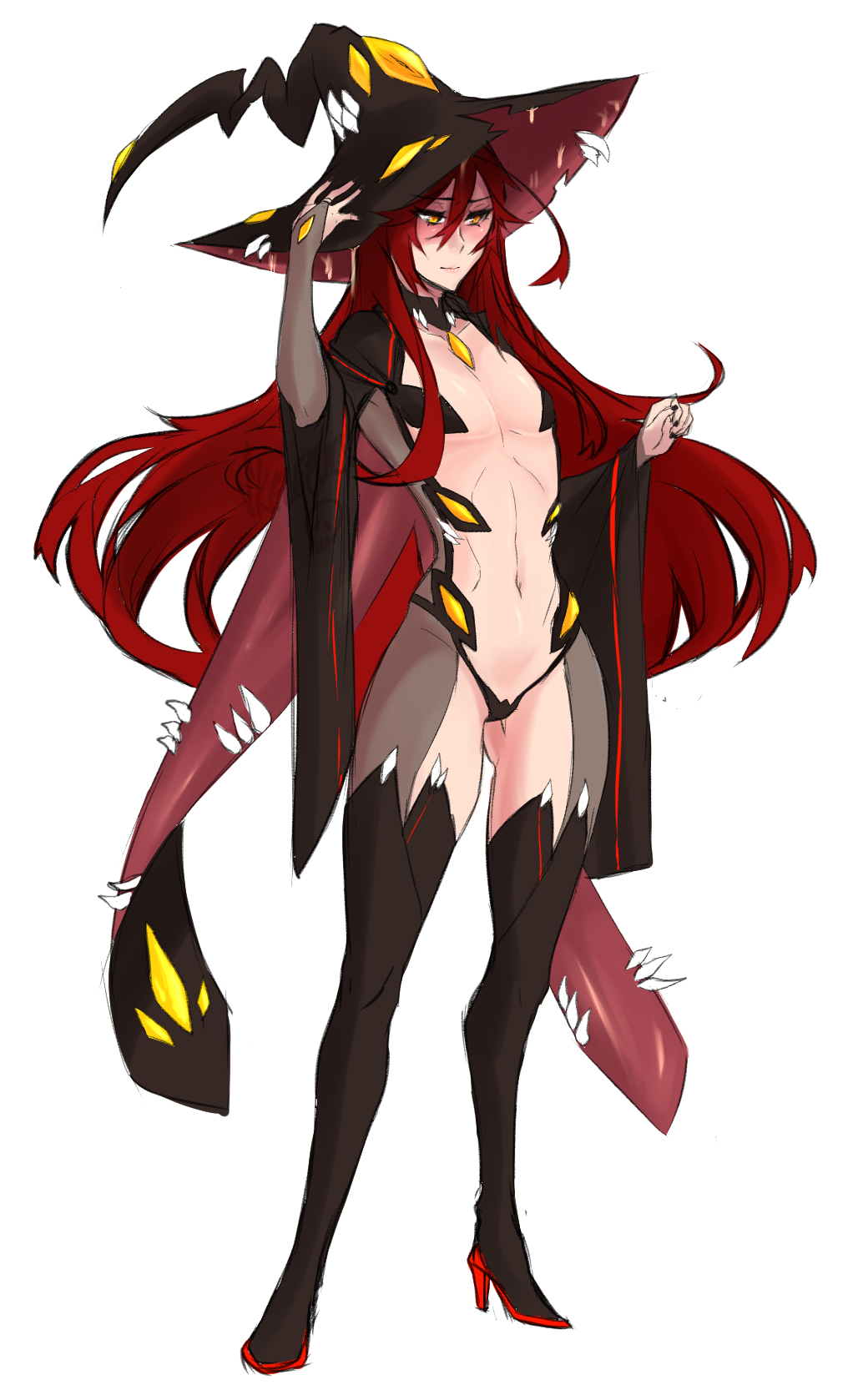 1girl, adjusting_clothes, adjusting_hat, ass_visible_through_thighs, bangs, black_nails, blush, bodysuit