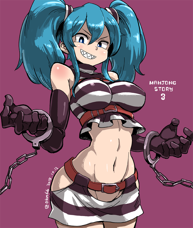 1girl, belt, blue_eyes, blue_hair, breasts, character_request, covered_nipples, cowboy_shot, cuffs, dated, elbow_gloves, gloves, hair_between_eyes, handcuffs, hips, looking_at_viewer, looking_down, mahjong_monogatari, miniskirt, mizuno_(okn66), navel, no_panties, open_hands, purple_background, purple_gloves, revealing_clothes, sharp_teeth, shiny, shiny_clothes, shiny_hair, shirt, sidelocks, simple_background, skirt, sleeveless, sleeveless_shirt, solo, striped, striped_shirt, striped_skirt, thighs, toned, turtleneck, twintails, twitter_username, waist