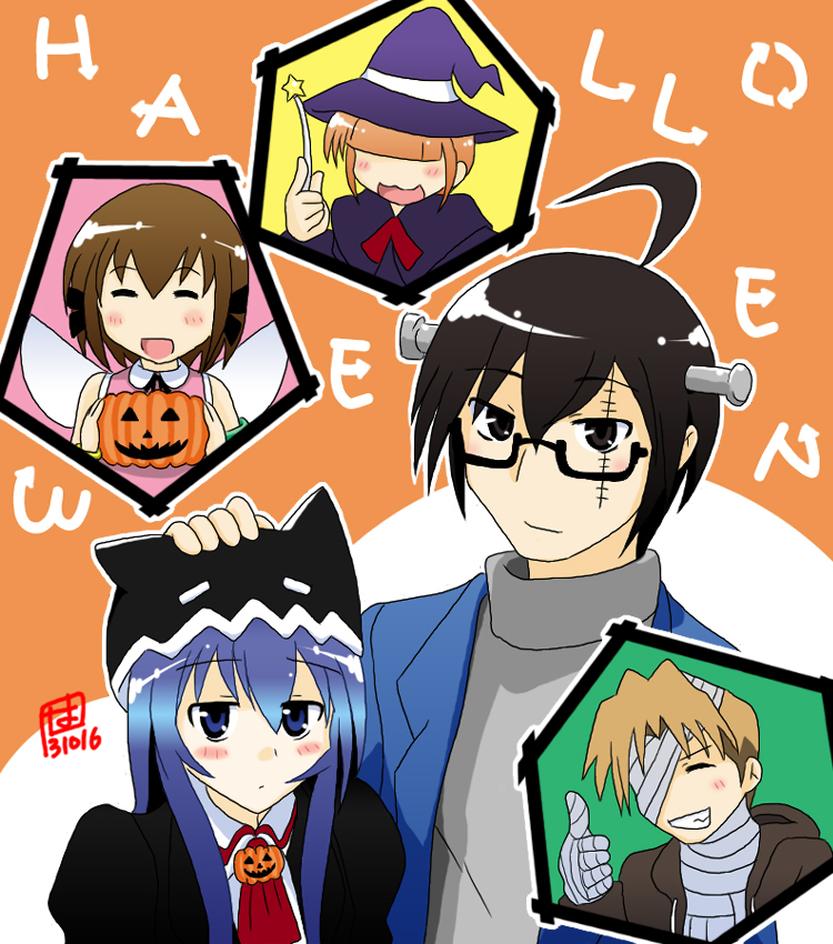 acchi_kocchi, blue_hair, halloween, halloween_costume, haruno_hime, inui_sakaki, katase_mayoi, long_hair