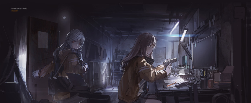 2girls, bangs, closing_door, computer_keyboard, door, gun, handgun, highres
