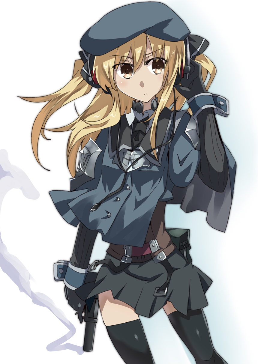 1girl, akatoro_(nightlord), belt, beret, black_gloves, black_legwear, black_necktie, blonde_hair