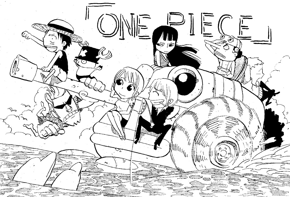 chibi, cigarette, female, franky, fukushima_teppei, fur, glasses, hat, horns, male, military, military_vehicle, monkey_d_luffy, monochrome, nami, nico_robin, one_piece, parody, reindeer, roronoa_zoro, sanji, short_hair, smoke, straw_hat, tank, tony_tony_chopper, top_hat, usopp, vehicle