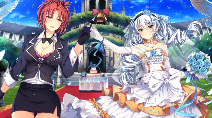 2girls, benghuai_xueyuan, bird, blush, bouquet, bowtie, breasts, bride