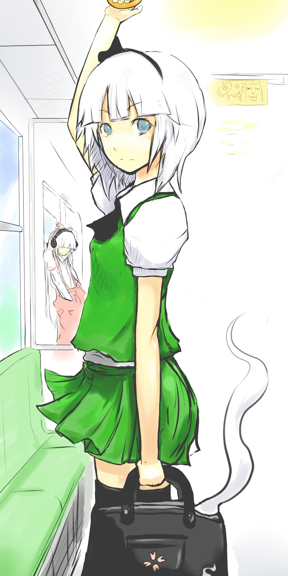 bag, blue_eyes, closed_eyes, contemporary, face, flat_chest, fujiwara_no_mokou, hairband