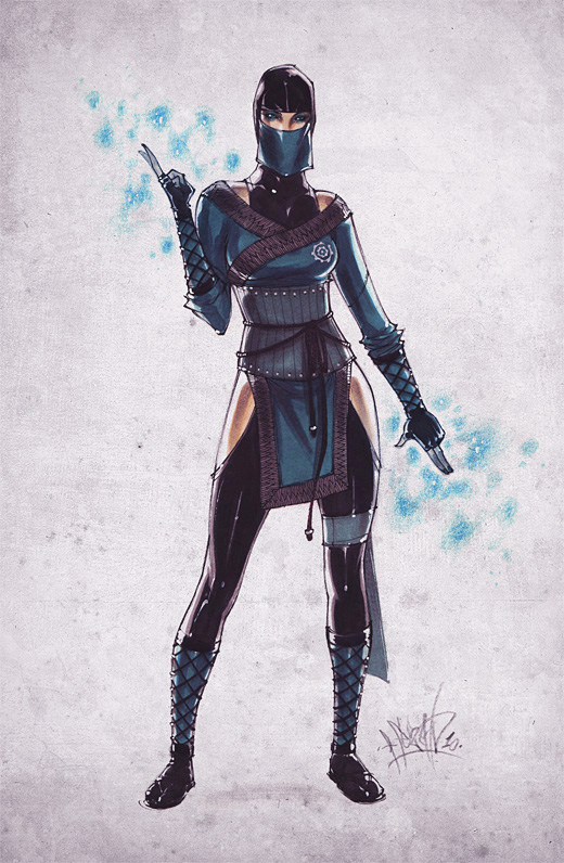 1girl, blue_eyes, fezat, frost_(mortal_kombat), gloves, marker_(medium), mask, mixed_media